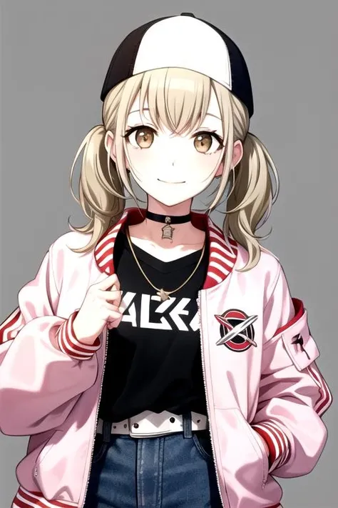 <lora:Kohane3rd-01:0.7>, kohane3rd, looking at viewer, smile, shirt, long sleeves, hat, twintails, jewelry, closed mouth, jacket, upper body, open clothes, choker, belt, pants, medium hair, necklace, star (symbol), open jacket, white headwear, denim, short twintails, clothes writing, baseball cap, grey shirt, red jacket, pink jacket, white belt, backwards hat, letterman jacket