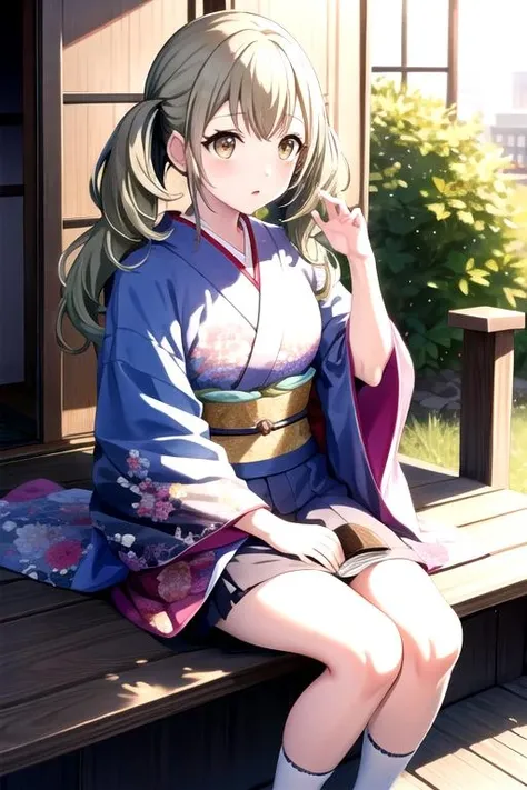 <lora:Kohane3rd-01:0.78>, kohane3rd, long hair, twintails, sitting, japanese clothes, cloud, kimono, bird, low twintails, floral print, building