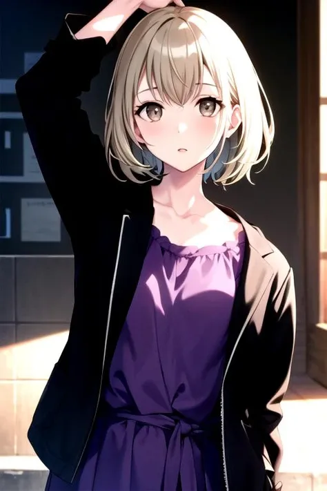 <lora:Kohane3rd-01:0.78>, kohane3rd, looking at viewer, short hair, shirt, long sleeves, holding, collarbone, jacket, upper body, parted lips, open clothes, arm up, open jacket, black jacket, camera, purple shirt, holding camera