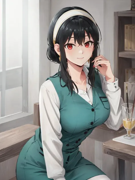 yor briar, <lora:yor:0.7:NP> 1girl,  black hair sideburns updo red eyes, medium breasts, bangs, gold earrings smile :>  white open-collared shirt, turquoise vest, turquoise Pencil Skirt, office , black pantyhose, white hairband