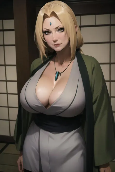 tsunade, large breasts, cleavage, collarbone, (tsun outfit), (tsun jacket), (tsun necklace), mature woman, tan lines, relaxed expression, looking at viewer, standing in edo era japanese house, indoors, daytime, (cowboy shot), (insanely detailed, beautiful detailed face, masterpiece, beautiful detailed eyes, best quality), <lora:TsunadeNaruto:0.83>