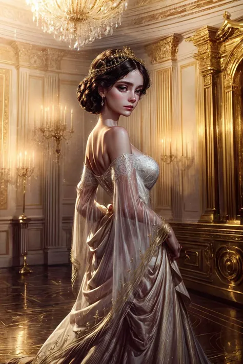 Step into the lavish elegance of the 17th-century French court, where romance and opulence intertwine in a dance of grace and passion. The scene opens with a resplendent ballroom, bathed in the soft glow of chandeliers suspended from the ornate ceiling. A lone figure emerges into view, a young woman who embodies the epitome of sophistication and allure.
The camera captures her from a gentle side angle, offering a glimpse of her as she stands in the midst of the opulent surroundings. Her posture is regal, shoulders back and head held high, exuding a confident elegance that commands attention. The camera's distance is just enough to capture her from head to toe, allowing the viewer to appreciate every intricate detail of her ensemble.
Her attire is a masterpiece of intricate lace and sumptuous fabrics, a true reflection of the fashion of the era. A bodice adorned with delicate embroidery accentuates her slender waist, while layers of silk and satin cascade gracefully down to the floor, creating a mesmerizing tableau as she moves. The camera takes in the elaborate ruffles and folds of her gown, highlighting the craftsmanship that went into its creation.
As she glides across the ballroom, her movements are the embodiment of grace, captured in a full-length shot that showcases the fluidity of her steps. The camera angle slightly tilts upwards, emphasizing her ethereal presence and the grandeur of the surroundings. Her eyes, expressive and filled with a mix of emotions, meet the viewer's gaze for a fleeting moment, a connection that transcends time.
The candlelit ambiance casts a soft glow on her features, illuminating her complexion with a subtle radiance. The camera lingers on her face, capturing the delicate curve of her cheekbones and the gentle sweep of her eyelashes. A hint of a smile plays on her lips, adding an air of mystery to her allure.
The ornate mirrors that adorn the ballroom walls offer glimpses of the surrounding couples twirling in elegant waltzes, enhancing the sense of movement and enchantment. The camera position remains fixed, capturing the scene in its entirety while allowing the viewer to absorb the romantic ambiance that envelops the setting.
In this singular shot, the camera captures the essence of a young woman who embodies the romantic splendor of the 17th-century French court. Her beauty, poise, and the enchanting atmosphere of the ballroom come together in a visual masterpiece that transports the viewer to a world of timeless elegance and passion. <lora:more_details:0.5> <lora:add_detail:0.5> <lora:bichu-v0612:0.5> <lora:JW:0.5> <lora:detailed_eye:0.7> <lora:hairdetailer:0.7>