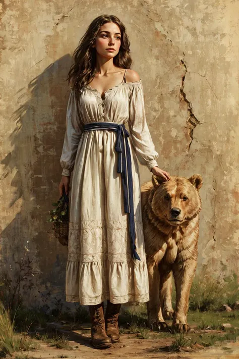 Amidst the serene backdrop of the American South, envision a resolute Southern homesteader [leaning] against. She possesses a [tall] and [slim] stature, characterized by a [youthful and beautiful figure] with [delicate curves], [narrow waist], [graceful hips], and [smooth, unblemished skin]. Her [youthful, perky breasts] and [slim, toned physique] accentuate her [elegant form] and [sleek legs].
Her face with delicate downturned lips and gentle warm smile, face framed by [hair], radiates a captivating beauty. Her detailed hi-res [brown] upturned eyes with warm gaze and [black eyeliner]. Her [rich chestnut hair] falls in [tousled waves], adding to her youthful charm.
She wears a simple yet sturdy summer airy translucent [homespun dress] with cleavage and naked shoulders, faded from countless hours of labor, yet it cannot conceal her [youthful allure] and dusty boots bear witness to her tireless toil on the land.
Around her, the homestead tells its own story, with a [weathered farmhouse] that has sheltered generations and [rolling fields] that have provided sustenance for her family. The air is filled with the scent of [sun-baked earth], and the songs of birds in the trees remind her of the peaceful world outside.
In this idyllic era, she embodies the strength and determination of those who nurtured the land, a testament to the enduring spirit of the South.
This is a glimpse into the life of a Southern homesteader during a time of peace in the American South, where the bonds of family and the land run deep.  <lora:add_detail:0.5>  <lora:bichu-v0612:0.5>   <lora:sxz-slavic-fantasy:0.5> <lora:hairdetailer:0.5>