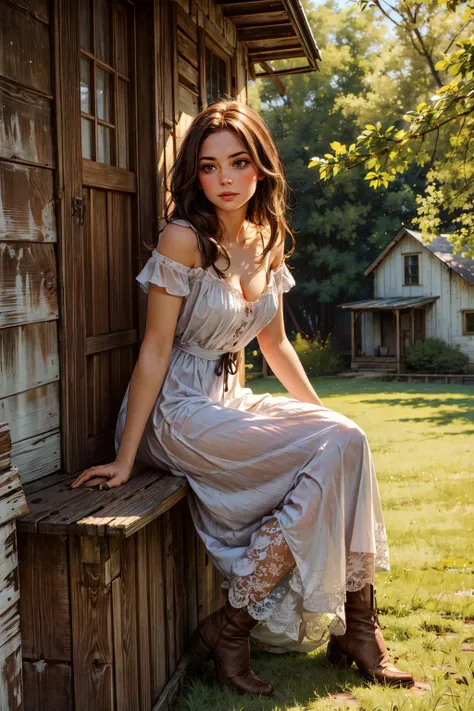 Amidst the serene backdrop of the American South, envision a resolute Southern homesteader [leaning] against. She possesses a [tall] and [slim] stature, characterized by a [youthful and beautiful figure] with [delicate curves], [narrow waist], [graceful hips], and [smooth, unblemished skin]. Her [youthful, perky breasts] and [slim, toned physique] accentuate her [elegant form] and [sleek legs].
Her face with delicate downturned lips and gentle warm smile, face framed by [hair], radiates a captivating beauty. Her detailed hi-res [brown] upturned eyes with warm gaze and [black eyeliner]. Her [rich chestnut hair] falls in [tousled waves], adding to her youthful charm.
She wears a simple yet sturdy summer airy translucent [homespun dress] with cleavage and naked shoulders, faded from countless hours of labor, yet it cannot conceal her [youthful allure] and dusty boots bear witness to her tireless toil on the land.
Around her, the homestead tells its own story, with a [weathered farmhouse] that has sheltered generations and [rolling fields] that have provided sustenance for her family. The air is filled with the scent of [sun-baked earth], and the songs of birds in the trees remind her of the peaceful world outside.
In this idyllic era, she embodies the strength and determination of those who nurtured the land, a testament to the enduring spirit of the South.
This is a glimpse into the life of a Southern homesteader during a time of peace in the American South, where the bonds of family and the land run deep.  <lora:add_detail:0.5>  <lora:bichu-v0612:0.5>   <lora:sxz-slavic-fantasy:0.5> <lora:hairdetailer:0.5>