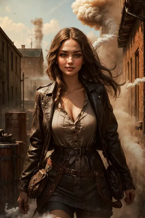 In the heart of a bustling 19th-century industrial port city, envision a striking young adventurer. She embodies the spirit of the era, with [youthful allure], [delicate curves], a [narrow waist], and [smooth, unblemished skin], a captivating figure amidst the gritty, smoke-choked streets.
Her attire pays homage to her adventurous lifeâa rugged ensemble fit for a daring explorer. She wears a weathered leather jacket adorned with patches, its fabric hinting at countless adventures in distant lands. Beneath it, a partially unbuttoned shirt reveals a glimpse of [subtle curves] and [sun-kissed skin]. Tousled hair frames her face, and her stance exudes a hint of [sultry confidence].
Her [delicately arched jawline] adds to her allure, tracing the contours of [full cheeks] adorned with [subtle blush], a hint of secrets and passions. [Exquisite features], a [long, inviting chin], and [graceful cheekbones] harmonize with her [nose, slightly upturned at the tip], adding to her allure and warm shy (smile). Her [parted lips], as alluring as pomegranate, with [pearly white teeth], carry an air of [subtle mystery], their natural beauty complemented by [tinted lip balm].
Her eyes hold a [hypnotic gaze], the [rich brown] of her irises set against [white sclera]. [Elegantly curved eyebrows], [long, inviting eyelashes], and [smoky eyeliner] hint at a life steeped in shadows.
The industrial port city sprawls before her, with red brick warehouses and factories lining the bustling docks. Ivy clings to the aged structures, nature's persistent intrusion into the urban chaos.
Enormous steamships dominate the dockside, their chimneys spewing thick plumes of smoke, adding to the grimy atmosphere. The city's gritty taverns, where adventurers gather to share tales of their exploits in far-off lands
In the midst of this industrial spectacle, the adventurer navigates with irresistible confidence, her presence a captivating paradox in the midst of a rapidly evolving world.
This is a glimpse into a sprawling port city during the 19th-century industrial revolution, where red brick warehouses, bustling docks, and the enduring allure of a young adventurer capture the essence of a bygone era, where daring exploration, survival, and allure thrived in a gritty and dynamic world.<lora:add_detail:0.5>  <lora:bichu-v0612:0.5>   <lora:sxz-slavic-fantasy:0.5>  <lora:hairdetailer:0.5>