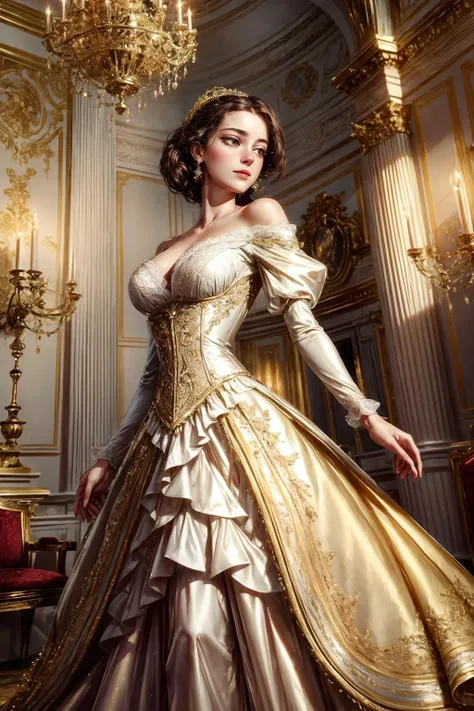 Step into the lavish elegance of the 17th-century French court, where romance and opulence intertwine in a dance of grace and passion. The scene opens with a resplendent ballroom, bathed in the soft glow of chandeliers suspended from the ornate ceiling. A lone figure emerges into view, a young woman who embodies the epitome of sophistication and allure.
The camera captures her from a gentle side angle, offering a glimpse of her as she stands in the midst of the opulent surroundings. Her posture is regal, shoulders back and head held high, exuding a confident elegance that commands attention. The camera's distance is just enough to capture her from head to toe, allowing the viewer to appreciate every intricate detail of her ensemble.
Her attire is a masterpiece of intricate lace and sumptuous fabrics, a true reflection of the fashion of the era. A bodice adorned with delicate embroidery accentuates her slender waist, while layers of silk and satin cascade gracefully down to the floor, creating a mesmerizing tableau as she moves. The camera takes in the elaborate ruffles and folds of her gown, highlighting the craftsmanship that went into its creation.
As she glides across the ballroom, her movements are the embodiment of grace, captured in a full-length shot that showcases the fluidity of her steps. The camera angle slightly tilts upwards, emphasizing her ethereal presence and the grandeur of the surroundings. Her eyes, expressive and filled with a mix of emotions, meet the viewer's gaze for a fleeting moment, a connection that transcends time.
The candlelit ambiance casts a soft glow on her features, illuminating her complexion with a subtle radiance. The camera lingers on her face, capturing the delicate curve of her cheekbones and the gentle sweep of her eyelashes. A hint of a smile plays on her lips, adding an air of mystery to her allure.
The ornate mirrors that adorn the ballroom walls offer glimpses of the surrounding couples twirling in elegant waltzes, enhancing the sense of movement and enchantment. The camera position remains fixed, capturing the scene in its entirety while allowing the viewer to absorb the romantic ambiance that envelops the setting.
In this singular shot, the camera captures the essence of a young woman who embodies the romantic splendor of the 17th-century French court. Her beauty, poise, and the enchanting atmosphere of the ballroom come together in a visual masterpiece that transports the viewer to a world of timeless elegance and passion. <lora:more_details:0.5> <lora:add_detail:0.5>  <lora:bichu-v0612:0.5>  <lora:detailed_eye:0.7>