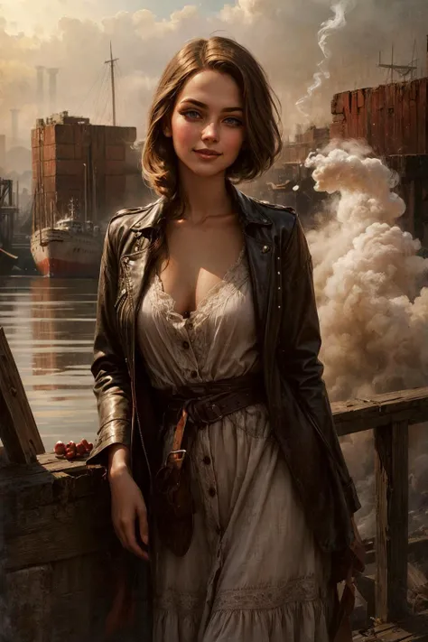 In the heart of a bustling 19th-century industrial port city, envision a striking young adventurer. She embodies the spirit of the era, with [youthful allure], [delicate curves], a [narrow waist], and [smooth, unblemished skin], a captivating figure amidst the gritty, smoke-choked streets.
Her attire pays homage to her adventurous lifeâa rugged ensemble fit for a daring explorer. She wears a weathered leather jacket adorned with patches, its fabric hinting at countless adventures in distant lands. Beneath it, a partially unbuttoned shirt reveals a glimpse of [subtle curves] and [sun-kissed skin]. Tousled hair frames her face, and her stance exudes a hint of [sultry confidence].
Her [delicately arched jawline] adds to her allure, tracing the contours of [full cheeks] adorned with [subtle blush], a hint of secrets and passions. [Exquisite features], a [long, inviting chin], and [graceful cheekbones] harmonize with her [nose, slightly upturned at the tip], adding to her allure and warm shy (smile). Her [parted lips], as alluring as pomegranate, with [pearly white teeth], carry an air of [subtle mystery], their natural beauty complemented by [tinted lip balm].
Her eyes hold a [hypnotic gaze], the [rich brown] of her irises set against [white sclera]. [Elegantly curved eyebrows], [long, inviting eyelashes], and [smoky eyeliner] hint at a life steeped in shadows.
The industrial port city sprawls before her, with red brick warehouses and factories lining the bustling docks. Ivy clings to the aged structures, nature's persistent intrusion into the urban chaos.
Enormous steamships dominate the dockside, their chimneys spewing thick plumes of smoke, adding to the grimy atmosphere. The city's gritty taverns, where adventurers gather to share tales of their exploits in far-off lands
In the midst of this industrial spectacle, the adventurer navigates with irresistible confidence, her presence a captivating paradox in the midst of a rapidly evolving world.
This is a glimpse into a sprawling port city during the 19th-century industrial revolution, where red brick warehouses, bustling docks, and the enduring allure of a young adventurer capture the essence of a bygone era, where daring exploration, survival, and allure thrived in a gritty and dynamic world.<lora:add_detail:0.5>  <lora:bichu-v0612:0.5>   <lora:sxz-slavic-fantasy:0.5>  <lora:hairdetailer:0.5>
