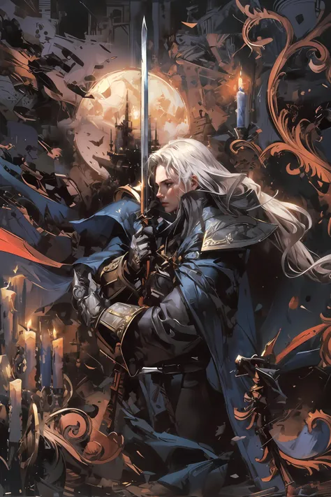 ((best quality)),((masterpiece)),((ultra-detailed)),(illustration),1boy,male focus,weapon,sword,long hair,moon,candle,solo,holding,white hair,holding sword,holding weapon,gloves,full moon,castle,<lora:bichu-v0612:0.9>,bichu,oil painting,Impressionism,