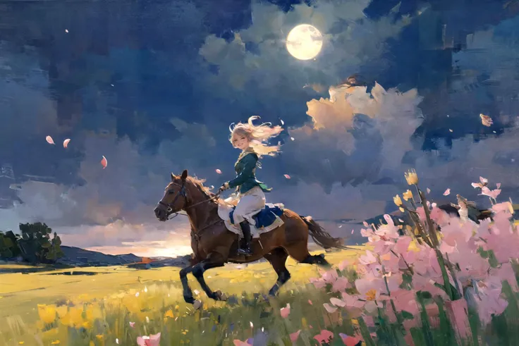 face focus, 1girl, colorful, cinematic lighting, light colored hair, solo, smiling, intricate skirt, ((flying petal)), flowery meadow, moonlight, moon, night, cinematic lighting, fantasy background, dynamic angle,