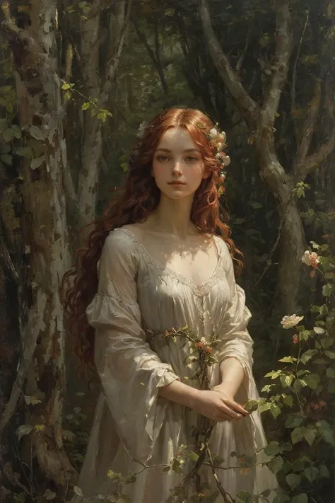 OIL PAINTING,IMPRESSIONISM,medium full view, amidst the ancient woodland, the image captures the ethereal beauty of a young dryad. her long, braided red hair cascades like flames, entwining with (vines and flowers that form her ornate dress:1.2), the air is filled with colorful petals, and dappled sunlight paints a mesmerizing tapestry on the forest floor, dense foliage, gnarled roots and branches, beams of sunlight, ethereal, mysterious, wondrous, chiaroscuro, masterpiece, best quality,<lora:bichu-v0612 :0.6> BICHU