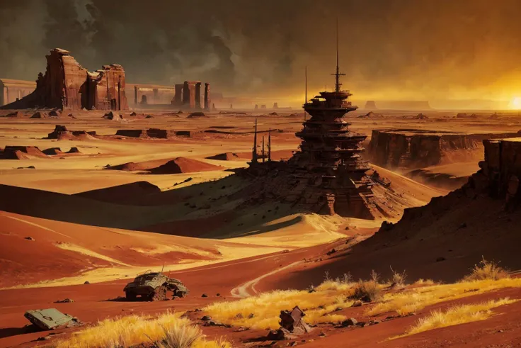 Generate a mesmerizing (landscape) art masterpiece that vividly portrays a captivating science fiction landscape, rendered in a retro style reminiscent of [HR Giger]'s iconic work. The theme should exude an eerie sense of otherworldly wonder, cloaked in a foreboding ambiance. The image should be characterized by meticulous linework, dynamic shading, and masterful backlighting, all in a palette of raw, vivid colors that are gently diffused by soft light.
The focal point of this scene is the desolate, dead planet with a yellow-green tinted sky and a [toxic atmosphere]. The planet's surface is an eerie junkyard of dead mechanical monstrosities, the remnants of a brutal and long-forgotten planetary conflict.
The landscape itself is as treacherous as it is beautiful, with howling sand and dust storms that periodically scour the surface. The planet bears the scars of time, its eroded surface marked by deep canyons and crumbling mountains, a testament to the ancient forces that have shaped this desolation.
Every aspect of this scene is meticulously detailed, from the eerie, towering war machines to the eerily eroded planet, creating a futuristic setting of unparalleled intricacy and depth.  <lora:methurlant:0.5> <lora:bichu-v0612:0.5>