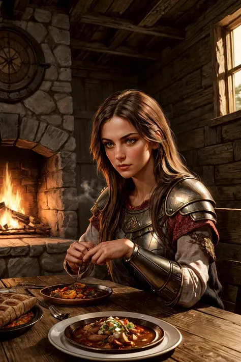 In the heart of an ancient, enchanted forest, envision a cozy wooden inn, its timbers darkened by time and warmed by the flickering glow of hearth fires. Within this rustic sanctuary, a lone young (warrior woman) takes respite from her wanderings in search of treasure, romance, and adventure.
Picture her as she sits by a sturdy wooden table, her demeanor a captivating blend of strength and allure. She possesses a lithe, fit form, with [muscular yet graceful arms], a [toned, sinuous figure], and a [narrow waist] that speaks of untold adventures. Her [sun-kissed skin] carries a hint of the wild, and her [piercing, inquisitive eyes] hold the promise of countless stories yet untold. Her face, adorned with [natural makeup], features [delicate, aristocratic cheekbones], a [proud chin], and a [nose with a subtle, regal arch]. Her [luscious, inviting lips], occasionally curled into a [knowing smile], are a testament to her bold spirit.
As she sits at the wooden table, her attire reflects her daring nature. She wears rugged ((metal leather armor)) with straps and [pauldrons] expertly crafted and adorned with [metal reinforcement]. Her [tousled, wind-swept hair] cascades down, a [vibrant, fiery red] that hints at her fiery spirit. The [horizontal distance between her eyes], measuring [50% of her face's width], accentuates her striking symmetry.
The wooden interior exudes warmth and comfort, with [rough-hewn wooden beams] overhead, illuminated by the central hearth's crackling blaze of seasoned oak. The room is cozy yet rugged, with timbers that have darkened with age. [Soft, inviting armchairs] surround the hearth, inviting weary travelers to relax. The [aromatic scent] of hearty stew and freshly baked bread fills the air, promising sustenance and warmth.
At the wooden table before our adventurer, a feast awaits. A [steaming bowl of savory stew], rich with tender chunks of meat and hearty vegetables, sits alongside a [freshly baked loaf of bread], its crust golden and crackling. A [tankard of frothy ale], cool and inviting, beckons her to quench her thirst. The table is adorned with [rough-hewn wooden plates], each bearing a generous serving of food.
This is a scene of both strength and vulnerability, where an adventurous spirit finds refuge in the heart of the forest, surrounded by the comforts of a cozy, rugged wooden inn. The blend of the young warrior woman's allure, her intricate leather armor, and the inviting inn's rustic charm creates an enchanting tableau in this mystical woodland setting <lora:add_detail:0.5>  <lora:bichu-v0612:0.5>   <lora:sxz-slavic-fantasy:0.5>  <lora:hairdetailer:0.5>