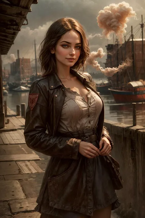 In the heart of a bustling 19th-century industrial port city, envision a striking young adventurer. She embodies the spirit of the era, with [youthful allure], [delicate curves], a [narrow waist], and [smooth, unblemished skin], a captivating figure amidst the gritty, smoke-choked streets.
Her attire pays homage to her adventurous lifeâa rugged ensemble fit for a daring explorer. She wears a weathered leather jacket adorned with patches, its fabric hinting at countless adventures in distant lands. Beneath it, a partially unbuttoned shirt reveals a glimpse of [subtle curves] and [sun-kissed skin]. Tousled hair frames her face, and her stance exudes a hint of [sultry confidence].
Her [delicately arched jawline] adds to her allure, tracing the contours of [full cheeks] adorned with [subtle blush], a hint of secrets and passions. [Exquisite features], a [long, inviting chin], and [graceful cheekbones] harmonize with her [nose, slightly upturned at the tip], adding to her allure and warm shy (smile). Her [parted lips], as alluring as pomegranate, with [pearly white teeth], carry an air of [subtle mystery], their natural beauty complemented by [tinted lip balm].
Her eyes hold a [hypnotic gaze], the [rich brown] of her irises set against [white sclera]. [Elegantly curved eyebrows], [long, inviting eyelashes], and [smoky eyeliner] hint at a life steeped in shadows.
The industrial port city sprawls before her, with red brick warehouses and factories lining the bustling docks. Ivy clings to the aged structures, nature's persistent intrusion into the urban chaos.
Enormous steamships dominate the dockside, their chimneys spewing thick plumes of smoke, adding to the grimy atmosphere. The city's gritty taverns, where adventurers gather to share tales of their exploits in far-off lands
In the midst of this industrial spectacle, the adventurer navigates with irresistible confidence, her presence a captivating paradox in the midst of a rapidly evolving world.
This is a glimpse into a sprawling port city during the 19th-century industrial revolution, where red brick warehouses, bustling docks, and the enduring allure of a young adventurer capture the essence of a bygone era, where daring exploration, survival, and allure thrived in a gritty and dynamic world.<lora:add_detail:0.5>  <lora:bichu-v0612:0.5>   <lora:sxz-slavic-fantasy:0.5>  <lora:hairdetailer:0.5>