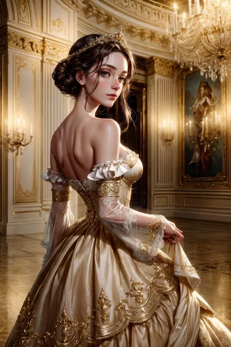 Step into the lavish elegance of the 17th-century French court, where romance and opulence intertwine in a dance of grace and passion. The scene opens with a resplendent ballroom, bathed in the soft glow of chandeliers suspended from the ornate ceiling. A lone figure emerges into view, a young woman who embodies the epitome of sophistication and allure.
The camera captures her from a gentle side angle, offering a glimpse of her as she stands in the midst of the opulent surroundings. Her posture is regal, shoulders back and head held high, exuding a confident elegance that commands attention. The camera's distance is just enough to capture her from head to toe, allowing the viewer to appreciate every intricate detail of her ensemble.
Her attire is a masterpiece of intricate lace and sumptuous fabrics, a true reflection of the fashion of the era. A bodice adorned with delicate embroidery accentuates her slender waist, while layers of silk and satin cascade gracefully down to the floor, creating a mesmerizing tableau as she moves. The camera takes in the elaborate ruffles and folds of her gown, highlighting the craftsmanship that went into its creation.
As she glides across the ballroom, her movements are the embodiment of grace, captured in a full-length shot that showcases the fluidity of her steps. The camera angle slightly tilts upwards, emphasizing her ethereal presence and the grandeur of the surroundings. Her eyes, expressive and filled with a mix of emotions, meet the viewer's gaze for a fleeting moment, a connection that transcends time.
The candlelit ambiance casts a soft glow on her features, illuminating her complexion with a subtle radiance. The camera lingers on her face, capturing the delicate curve of her cheekbones and the gentle sweep of her eyelashes. A hint of a smile plays on her lips, adding an air of mystery to her allure.
The ornate mirrors that adorn the ballroom walls offer glimpses of the surrounding couples twirling in elegant waltzes, enhancing the sense of movement and enchantment. The camera position remains fixed, capturing the scene in its entirety while allowing the viewer to absorb the romantic ambiance that envelops the setting.
In this singular shot, the camera captures the essence of a young woman who embodies the romantic splendor of the 17th-century French court. Her beauty, poise, and the enchanting atmosphere of the ballroom come together in a visual masterpiece that transports the viewer to a world of timeless elegance and passion. <lora:more_details:0.5> <lora:add_detail:0.5> <lora:bichu-v0612:0.5> <lora:detailed_eye:0.7>