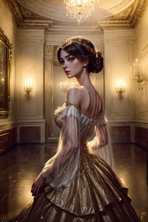 Step into the lavish elegance of the 17th-century French court, where romance and opulence intertwine in a dance of grace and passion. The scene opens with a resplendent ballroom, bathed in the soft glow of chandeliers suspended from the ornate ceiling. A lone figure emerges into view, a young woman who embodies the epitome of sophistication and allure.
The camera captures her from a gentle side angle, offering a glimpse of her as she stands in the midst of the opulent surroundings. Her posture is regal, shoulders back and head held high, exuding a confident elegance that commands attention. The camera's distance is just enough to capture her from head to toe, allowing the viewer to appreciate every intricate detail of her ensemble.
Her attire is a masterpiece of intricate lace and sumptuous fabrics, a true reflection of the fashion of the era. A bodice adorned with delicate embroidery accentuates her slender waist, while layers of silk and satin cascade gracefully down to the floor, creating a mesmerizing tableau as she moves. The camera takes in the elaborate ruffles and folds of her gown, highlighting the craftsmanship that went into its creation.
As she glides across the ballroom, her movements are the embodiment of grace, captured in a full-length shot that showcases the fluidity of her steps. The camera angle slightly tilts upwards, emphasizing her ethereal presence and the grandeur of the surroundings. Her eyes, expressive and filled with a mix of emotions, meet the viewer's gaze for a fleeting moment, a connection that transcends time.
The candlelit ambiance casts a soft glow on her features, illuminating her complexion with a subtle radiance. The camera lingers on her face, capturing the delicate curve of her cheekbones and the gentle sweep of her eyelashes. A hint of a smile plays on her lips, adding an air of mystery to her allure.
The ornate mirrors that adorn the ballroom walls offer glimpses of the surrounding couples twirling in elegant waltzes, enhancing the sense of movement and enchantment. The camera position remains fixed, capturing the scene in its entirety while allowing the viewer to absorb the romantic ambiance that envelops the setting.
In this singular shot, the camera captures the essence of a young woman who embodies the romantic splendor of the 17th-century French court. Her beauty, poise, and the enchanting atmosphere of the ballroom come together in a visual masterpiece that transports the viewer to a world of timeless elegance and passion. <lora:more_details:0.5> <lora:add_detail:0.5> <lora:bichu-v0612:0.5> <lora:JW:0.5> <lora:detailed_eye:0.7> <lora:hairdetailer:0.7>