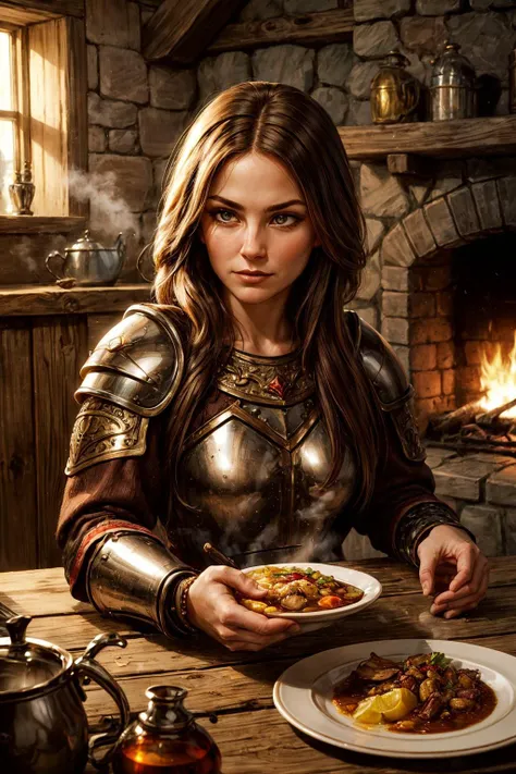 In the heart of an ancient, enchanted forest, envision a cozy wooden inn, its timbers darkened by time and warmed by the flickering glow of hearth fires. Within this rustic sanctuary, a lone young (warrior woman) takes respite from her wanderings in search of treasure, romance, and adventure.
Picture her as she sits by a sturdy wooden table, her demeanor a captivating blend of strength and allure. She possesses a lithe, fit form, with [muscular yet graceful arms], a [toned, sinuous figure], and a [narrow waist] that speaks of untold adventures. Her [sun-kissed skin] carries a hint of the wild, and her [piercing, inquisitive eyes] hold the promise of countless stories yet untold. Her face, adorned with [natural makeup], features [delicate, aristocratic cheekbones], a [proud chin], and a [nose with a subtle, regal arch]. Her [luscious, inviting lips], occasionally curled into a [knowing smile], are a testament to her bold spirit.
As she sits at the wooden table, her attire reflects her daring nature. She wears rugged ((metal leather armor)) with straps and [pauldrons] expertly crafted and adorned with [metal reinforcement]. Her [tousled, wind-swept hair] cascades down, a [vibrant, fiery red] that hints at her fiery spirit. The [horizontal distance between her eyes], measuring [50% of her face's width], accentuates her striking symmetry.
The wooden interior exudes warmth and comfort, with [rough-hewn wooden beams] overhead, illuminated by the central hearth's crackling blaze of seasoned oak. The room is cozy yet rugged, with timbers that have darkened with age. [Soft, inviting armchairs] surround the hearth, inviting weary travelers to relax. The [aromatic scent] of hearty stew and freshly baked bread fills the air, promising sustenance and warmth.
At the wooden table before our adventurer, a feast awaits. A [steaming bowl of savory stew], rich with tender chunks of meat and hearty vegetables, sits alongside a [freshly baked loaf of bread], its crust golden and crackling. A [tankard of frothy ale], cool and inviting, beckons her to quench her thirst. The table is adorned with [rough-hewn wooden plates], each bearing a generous serving of food.
This is a scene of both strength and vulnerability, where an adventurous spirit finds refuge in the heart of the forest, surrounded by the comforts of a cozy, rugged wooden inn. The blend of the young warrior woman's allure, her intricate leather armor, and the inviting inn's rustic charm creates an enchanting tableau in this mystical woodland setting <lora:add_detail:0.5>  <lora:bichu-v0612:0.5>   <lora:sxz-slavic-fantasy:0.5>  <lora:hairdetailer:0.5>
