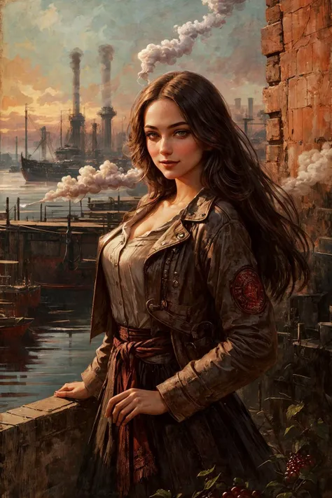 In the heart of a bustling 19th-century industrial port city, envision a striking young adventurer. She embodies the spirit of the era, with [youthful allure], [delicate curves], a [narrow waist], and [smooth, unblemished skin], a captivating figure amidst the gritty, smoke-choked streets.
Her attire pays homage to her adventurous lifeâa rugged ensemble fit for a daring explorer. She wears a weathered leather jacket adorned with patches, its fabric hinting at countless adventures in distant lands. Beneath it, a partially unbuttoned shirt reveals a glimpse of [subtle curves] and [sun-kissed skin]. Tousled hair frames her face, and her stance exudes a hint of [sultry confidence].
Her [delicately arched jawline] adds to her allure, tracing the contours of [full cheeks] adorned with [subtle blush], a hint of secrets and passions. [Exquisite features], a [long, inviting chin], and [graceful cheekbones] harmonize with her [nose, slightly upturned at the tip], adding to her allure and warm shy (smile). Her [parted lips], as alluring as pomegranate, with [pearly white teeth], carry an air of [subtle mystery], their natural beauty complemented by [tinted lip balm].
Her eyes hold a [hypnotic gaze], the [rich brown] of her irises set against [white sclera]. [Elegantly curved eyebrows], [long, inviting eyelashes], and [smoky eyeliner] hint at a life steeped in shadows.
The industrial port city sprawls before her, with red brick warehouses and factories lining the bustling docks. Ivy clings to the aged structures, nature's persistent intrusion into the urban chaos.
Enormous steamships dominate the dockside, their chimneys spewing thick plumes of smoke, adding to the grimy atmosphere. The city's gritty taverns, where adventurers gather to share tales of their exploits in far-off lands
In the midst of this industrial spectacle, the adventurer navigates with irresistible confidence, her presence a captivating paradox in the midst of a rapidly evolving world.
This is a glimpse into a sprawling port city during the 19th-century industrial revolution, where red brick warehouses, bustling docks, and the enduring allure of a young adventurer capture the essence of a bygone era, where daring exploration, survival, and allure thrived in a gritty and dynamic world.<lora:add_detail:0.5>  <lora:bichu-v0612:0.5>   <lora:sxz-slavic-fantasy:0.5>  <lora:hairdetailer:0.5>