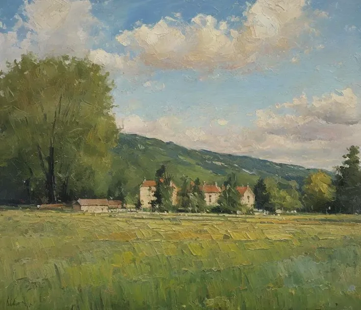 (masterpiece, realistic:1.3), french countryside, field, grass, beautiful scenery, sky, oil painting, detailed, 4k texture, <lora:bichu-v0612:0.7>