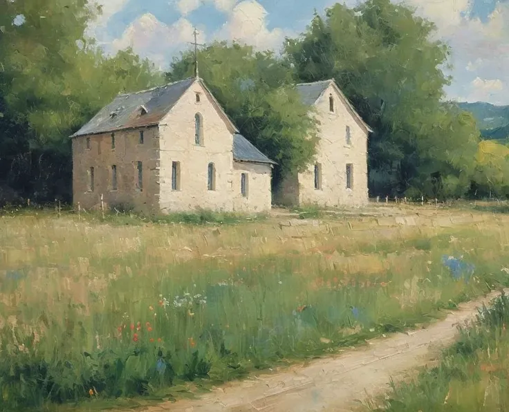 (masterpiece, realistic:1.3), french countryside, small rural stone village with church, little roads and paths, field, beautiful scenery, sky, oil painting, detailed, 4k texture, <lora:bichu-v0612:0.7>