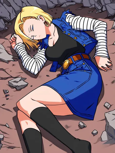 score_9,score_8_up,score_7_up,score_6_up, yamchapose, lying, on side, closed eyes, ripped, dent, rubble, in a big hole.
android 18, blonde hair, blue eyes, eyelashes, hoop earrings, short hair, earrings
belt, black legwear, black shirt, breast pocket, cleavage, collarbone, denim, denim skirt, high-waist skirt, jewelry, long sleeves, pocket, shirt, shirt tucked in, skirt, striped, striped sleeves, waistcoat,
ultra-wide angle
<lora:meme_yamchapose_ponyXL:0.7> <lora:Pony_DetailV2.0:0.75> <lora:android-18-ponyxl-lora-nochekaiser:0.75>