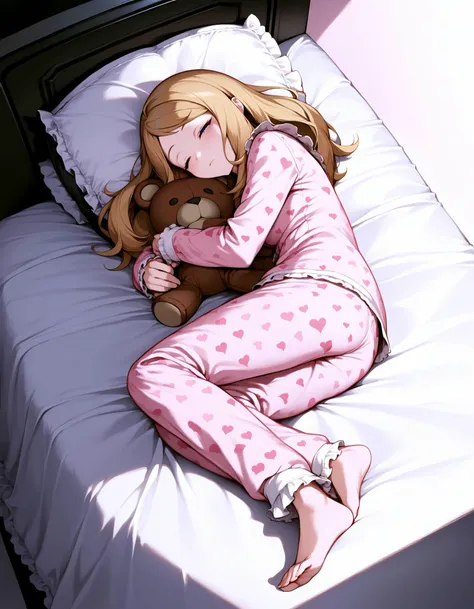 <lora:fixhands:1> (masterpiece, best, great:1.7), illustration style, (flat color, anime coloring:0.3), dun composition,
serena \(pokemon\), blue eyes, blonde, on bed, sleeping, mature female,
<lora:Ponyv6XLDoraYamchaPose_v10:0.8> yamchapose, lying, on side, closed eyes, teddy bear, stuffed toy, hugging teddy bear,
wearing pajamas, pink pajamas, (frills:1.2), ribbon, cute, heart print, pink theme, happy, pillow,
shaded, shadow, window shade, curtain,
intricate,