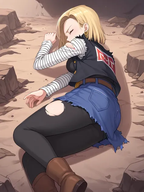 score_9,score_8_up,score_7_up,score_6_up, (yamchapose, lying, on side, closed eyes:1.2), ripped, dent, rubble, in a big hole, (torn cloth:1.6),
android 18, blonde hair, blue eyes, eyelashes, hoop earrings, torn short hair, earrings
belt, black legwear, torn black shirt, breast pocket, torn denim, torn denim skirt, torn high-waist skirt, jewelry, long sleeves, pocket, torn shirt, shirt tucked in, skirt, striped, striped sleeves, waistcoat,
ultra-wide angle
<lora:meme_yamchapose_ponyXL:0.7> <lora:Pony_DetailV2.0:0.75> <lora:android-18-ponyxl-lora-nochekaiser:0.5>
