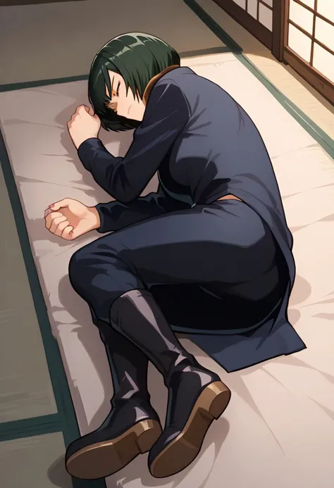 score_9, score_8_up, score_7_up,
serius, full body,
shiny skin, angry, clothed, 1girl, solo, (((bob cut hair style))), Maizenin,green hair,brown eyes, indoors, long sleeves,pants, boots, negative_hand, negative_hand-neg, yamchapose, lying, on side, east asian architecture, closed eyes