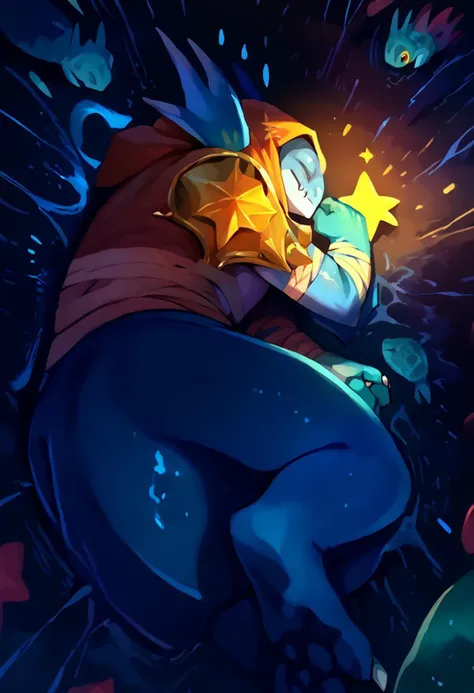 score_9, score_8_up, score_7_up, black background, dark theme, (ocean), dreamy, fantasy, cute, star \(sky\), solo, 1boy, slarkpdxl, fish, fins, blue skin, male, hood, arm wrap, shoulder armor, partially submerged, yamchapose, lying, on side, closed eyes, syuro, bioluminescence, cyan glow, (phytoplankton), sbfte