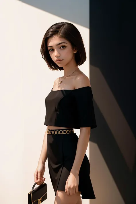 r1ta-001, Evil traditional Byzantine ([Nina|Noa]:1.1) , Nina is dressed in Suprematism fashion style Scoop neck top, Walking away from camera, traditional Libyan Black Wallet, (stylized by Jack Hughes:1.2) , Magic Realism, studio lighting, High Contrast, epic fantasy, heroic