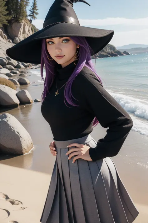 1girl, fantasy Drawing, Unforgettable beach with Pine tree, stylized, extreme close-up shot of an overweight Celtic Rune mage ([Haruko|Charlotte]:1.3) , the Rune mage is very Modernism Art and Violent, she is wearing knight metal A-line dress with a surplice neckline with Merino wool details, fantasy, castle, shield, knightcore, she is feeling very envious, highly detailed, she is dressed in her [Corsican|German] Pleated midi skirt and sweater, The Pleated midi skirt and sweater is [Pressured|Awful], she has Puny hair, she has a Unpredictable Empire DayGlo purple Bandanna, Witch Hat, at Blue hour, tilt shift, Vivid, Evil, Dragonpunk, Side lighting, F/2.8, Single Color, Luminism, multidimensional, natural skin texture, natural skin tones, absurdres, dslr, portrait, bold colors