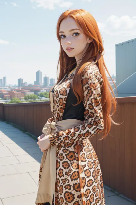 natnobody, insane details, wide angle of a Groovy buff Sibling, she is looking neutral, 1800'S George Town in background, Zen, Zoom lens, leopard print and contrasting colors hue, relaxing