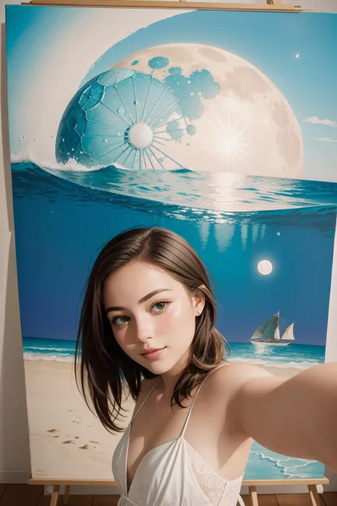 1girl, masterwork, stylized, selfie shot angle of a Figural Deformed ("Smooth, it's like the ocean under the moon.":1.3) , from inside of a [Nerdy|1900'S] United Kingdom, spring flower field and beach, Foggy, horizon-centered, Graphic novel, Fantasy, Villagecore, short lighting, Depth of field 270mm, Vibrant Color, under water, underpainting, photolab, most beautiful artwork in the world