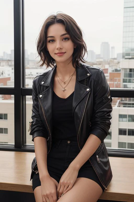 4k, 8k, ultra highres, raw photo in hdr, sharp focus, intricate texture, skin imperfections,detailed skin, realistic, detailed facial features, highly detailed face, posing,perfect lighting,short hair,black hair,(sitting),inside,window,night,city lights,city,chair,chic outfit,jacket,smile,simple necklace