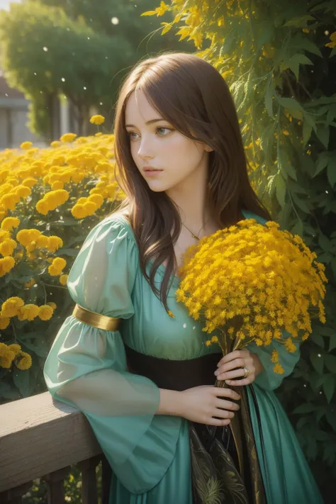 1girl, (art by Patrick Brown:1.0) and (Carl Gustav Carus:0.8) and (Édouard Vuillard:0.8) and (Katia Chausheva:1.2) , masterpiece Vector Art, Golden ratio, insane details, aerial shot of a Astonishing Attractive Gold Cyberpunk ([onion|Hedge trimmer]:1.3) , it is made from Marigolds, it is engraved with Stars and Lime green patterns, covered in Flowers fall background, dense garden with Orchid, Snowing, Sharp and in focus, Magic Realism, Hopeless, Pre-raphaelitism, waning light, pinhole lens, Dark hue, dripping with Green, rich color, professional, RTX