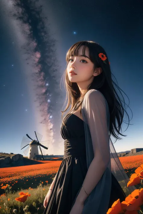 1girl, (stylized by Edward Henry Potthast:0.8) , detailed On pale black paper, fairy tale, close-up shot of a Villaincore Dull ("Salvage":1.3) , Jagged Windmill in background, crowded lava pit with Poppies, Stars in the sky, equirectangular 360, Cel shading, Lonely, Cutecore, rim light, Depth of field 270mm, Fujicolor, bloom, Double Exposure, "Whispers of the night sky, constellations etched in stardust, revealing the stories of celestial wanderers.", Unsplash, highly detailed