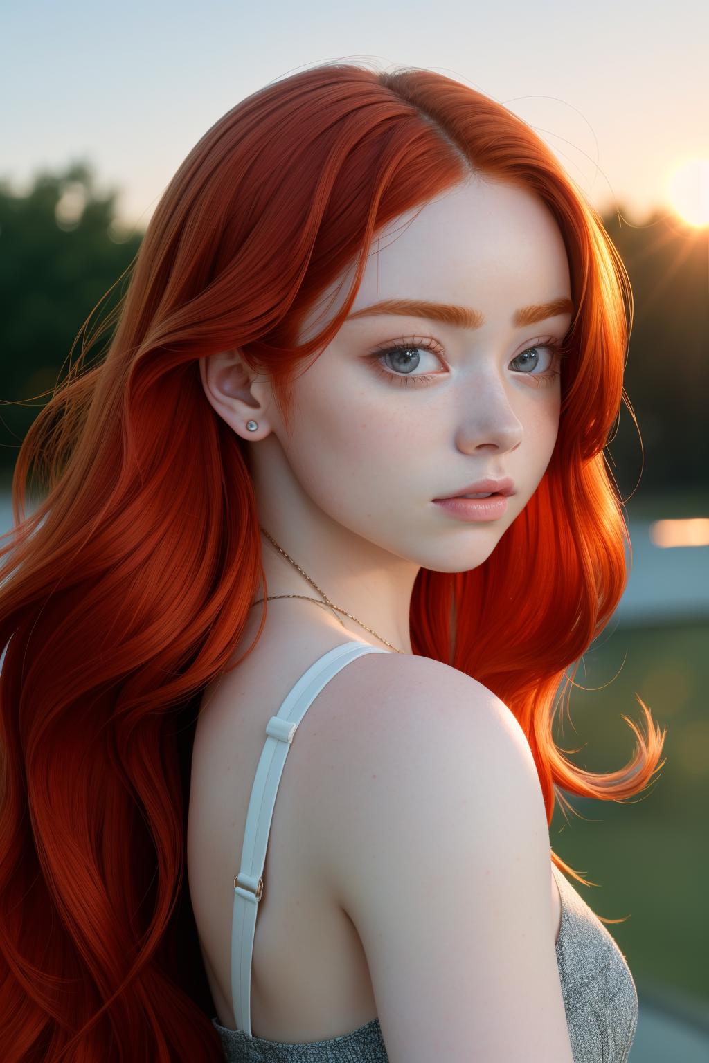 A close up of a woman with red hair and a necklace - SeaArt AI