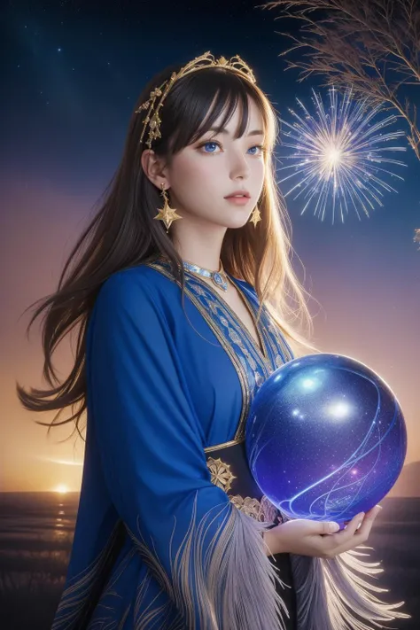1girl, studio illustration, art by anna dittmann, portrait mixed with natural elements, Aetherpunk, elegant, Pretty Scenic Cobalt Blue and Chartreuse ([baby Korat Cat|Earrings]:1.3) , infused with deep pink glowing sparks Unadvised The Crystal Palace of King Oberon in background, desolate field and Lagrange point in background, Stars in the sky, Panorama, (by Misha Gordin:0.8) , (Gerhard Munthe:1.3) , (Frederick McCubbin:1.1) , Masterpiece, Shameful, broad lighting, pinhole lens, CineColor, biomorphic forms, Gold and dark indigo splash, masterpiece, lots of details