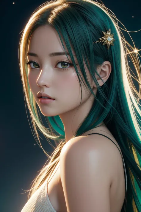 1girl, epic Unreal Engine, stylized, zoomed out of a Wet Messy lanky Eastern (Female Spellblade:1.3) , her hair is [Varied:Repressive:7] and styled as Knotty, Virgo constellation background, Grumpy blossoms and Aurora Australis in background, Snowy, tilt shift, Realistic, Cosy, Sots Art, Sun Rays, 80mm, Monochrome, dark green outlines, Alabaster explosions, photo-realistic face, gorgeous Honey eyes, adobe lightroom, extremely detailed CG Unity 8k wallpaper