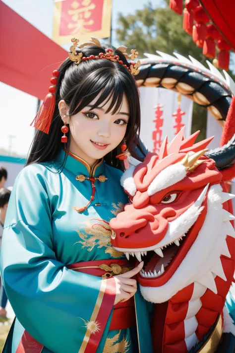 1girl, masterpiece, best quality, making friends with the Chinese dragon, fun, happy, bright, loong,
