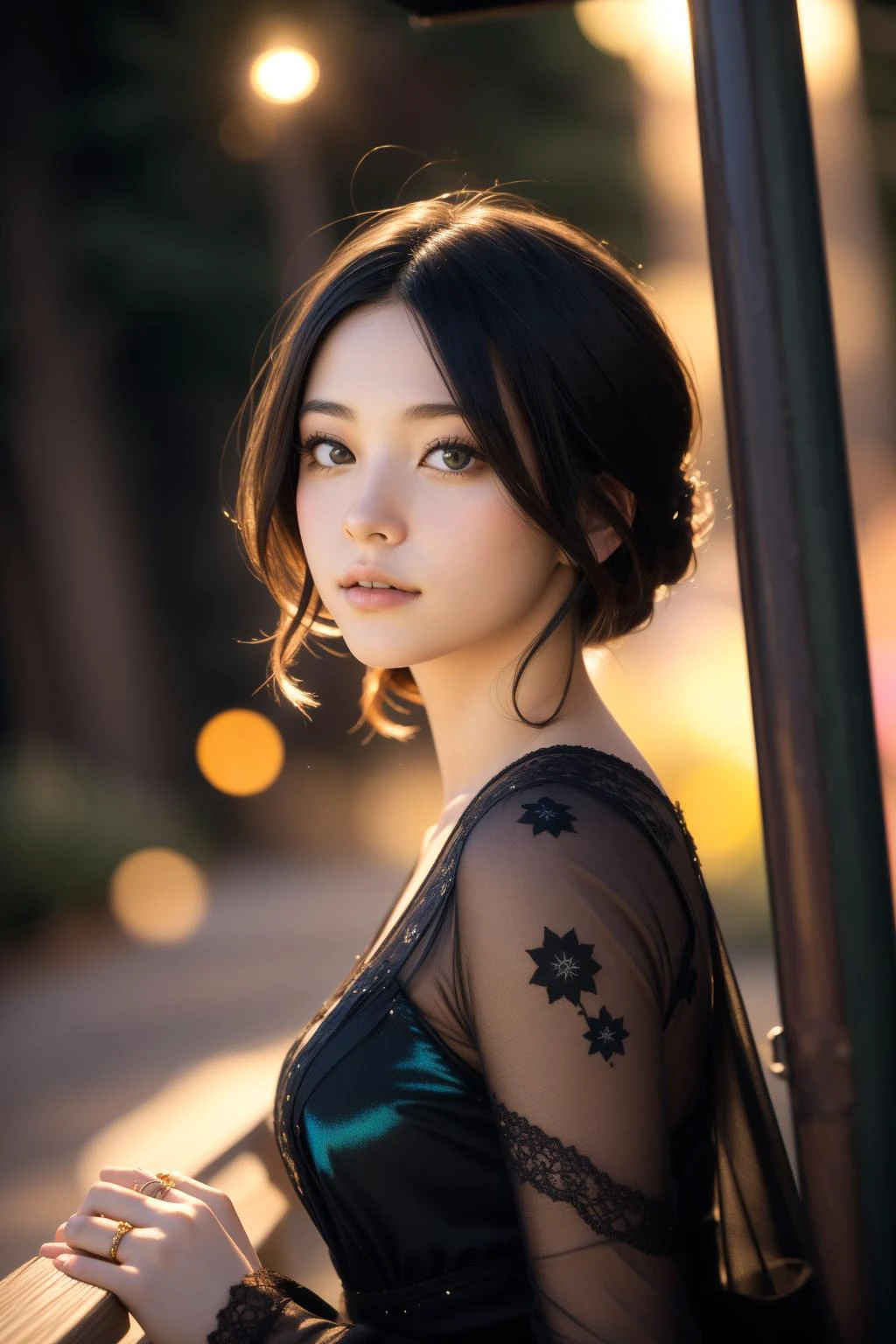 1girl, (portrait art designed by Louis Welden Hawkins:1.3) and (Giovanni (Nino) Costa:0.9) , masterwork RAW photo, elegant, intricate details, high angle shot of a ("In the middle of the journey of our life I found myself within a dark wood.":1.3) , it is very Lace and Tedious, Plush Oil refinery in background, Ashkenazi flower field and Ring system in background, at Twilight, horizon-centered, Cel shading, Sad, Street Art, volumetric lighting, bokeh, Canon R5, Depth of field 270mm, Dark hue, Iridescent flakes, Rule of Thirds, masterpiece, UHD