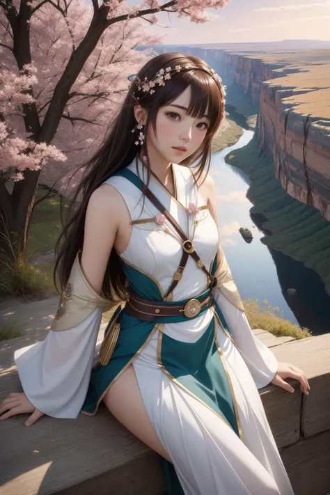 1girl, designed by WLOP, Ross Tran and edgar maxence, landscape of The Horseshoe Bend and Orion's Belt, it is [Sakura|Mundane], at Dawn, Neo Dada Art