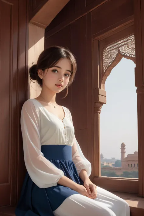 1girl, [ (stylized by Scarlett Hooft Graafland:0.8) and (Auguste Toulmouche:1.3) and (Mary Fedden:1.2) ::18], mundane On pale Navy Blue paper, glamourous, landscape of a [Rusty|Primordial] Drab ([Denmark|Gwalior Fort]:1.3) from inside of a Taj Mahal, hyper detailed, [Iraqi|Nautical] cityscape and Oort cloud in background, Moon in the night, Sketched, Surprising, Cutecore, soft light, 80mm, Albumen, Elegant, halation, photolab, hyperdetailed