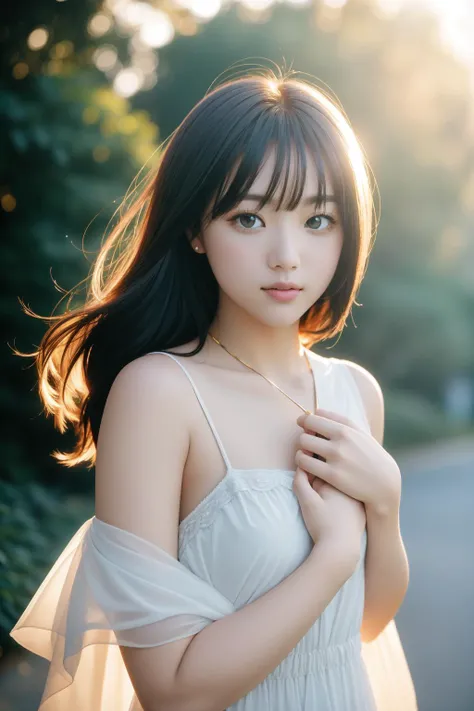 In town Lean on the railing 14 years old Loli girl Japanese White off-the-shoulder bra top Big Breasts White knee-high socks Double Brown hair short Very beautiful skin and figure Chest-puffed posture is in the sun cute