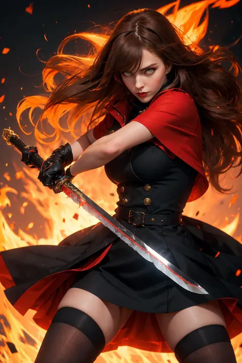 1girl, solo, brown hair, green eyes, long hair, ahoge, bangs, large breasts, looking at viewer, parted lips, holding, weapon, gloves, black gloves, swords, (holding sword:1.2), dress, short dress, red coat, thighhighs, (fire:1.2), fighting stance, <lora:r1ge - AnimeRage:0.6>