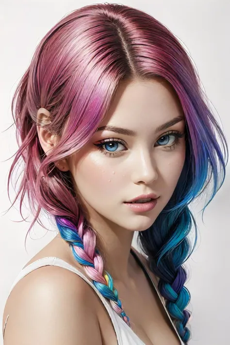 (character art stylized by thomas nast:1.0) and (christian griepenkerl:0.9) and (ward kimball:0.8) , masterwork detailed, a painting of a woman with colorful hair and makeup, digital comic, black! and white colors, blue and pink colour splash, tall woman, blue braided hair, quirky face, thin face, prideful look, beautiful hd, inked, pride, x}x R, guillotine rgb, woman in love, spatters, wallpaper hd, by adam rex, rainbow eyes, mobile wallpaper, alt art, cry, splash art, blended visuals, pixiv, best quality