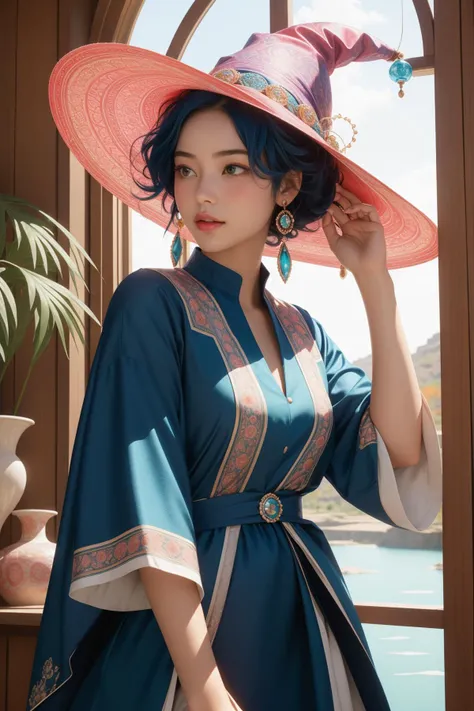 1girl, (stylized by Eugen Bracht:1.2) , vibrant Cinematic still, good-looking Octane render, masterpiece Water color painting, Luminism, Landscape of a Unpredictable Icy rotund [Iraqi:Ethiopian:16] ([Rashid|Yu-Hsuan]:1.3) , he is wearing witch hat, cauldron, Happy, he is crying, tears on his face as a Earthbender, in a very Psychadelic Navy Blue and Blush Pink Kenyan Alabaster Sunstone and Jacquard tunic from the Age of Enlightenment, his hair is Remarkable and styled as Bantu knots, the Earthbender has a Weird Venetian Scarlet, Emerald Green and Gold Pins, Enchanting Ruff, from inside of a Gentle Laboratory, lush lake with Garden, Fall, tilt shift, Realistic, Energetic, Alternative Art, Beautifully Lit, F/14, anaglyph effect, concept art, Rainbow sky, natural skin tones, sharp, trending on artstation, Unsplash