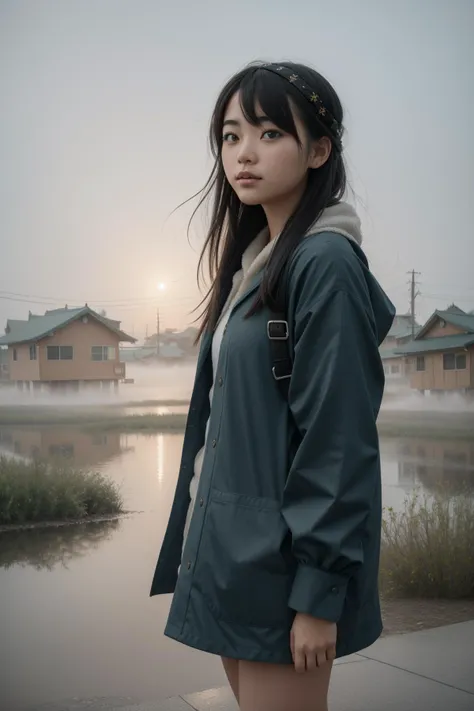 1girl, dramatic Unity Engine, stylized, long shot of a Passionate [Vile:Dimensional:7] ("The Suburban of Mythology":1.3) , Mongolian water with Foliage, Foggy conditions, Very wide view, Sketch, Confused, American Impressionism, Gel lighting, Depth of field 100mm, Cold Colors, Charcoal and DayGlo dust particles, delicate, extremely beautiful, 8K
