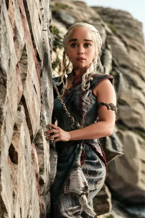 game of thrones,  Daenerys Targaryen rock climbing, <lora:daenerysTargaryenGame_v10:1.0>,