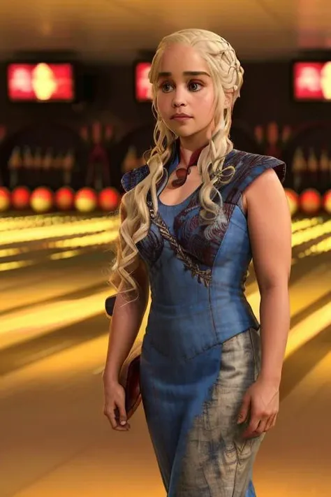 game of thrones,  Daenerys Targaryen bowling, bowling alley, bowling ball, <lora:daenerysTargaryenGame_v10:1.0>,