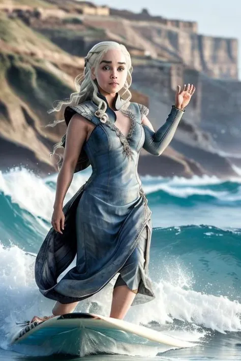 game of thrones,  Daenerys Targaryen (surfing:1.2), ocean, waves, <lora:daenerysTargaryenGame_v10:0.7>,